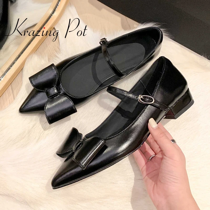 

Туфли Krazing Pot из натуральной кожи с острым носком, на низком каблуке, женские туфли-лодочки с бантом-бабочкой в Корейском стиле для девушек, м...