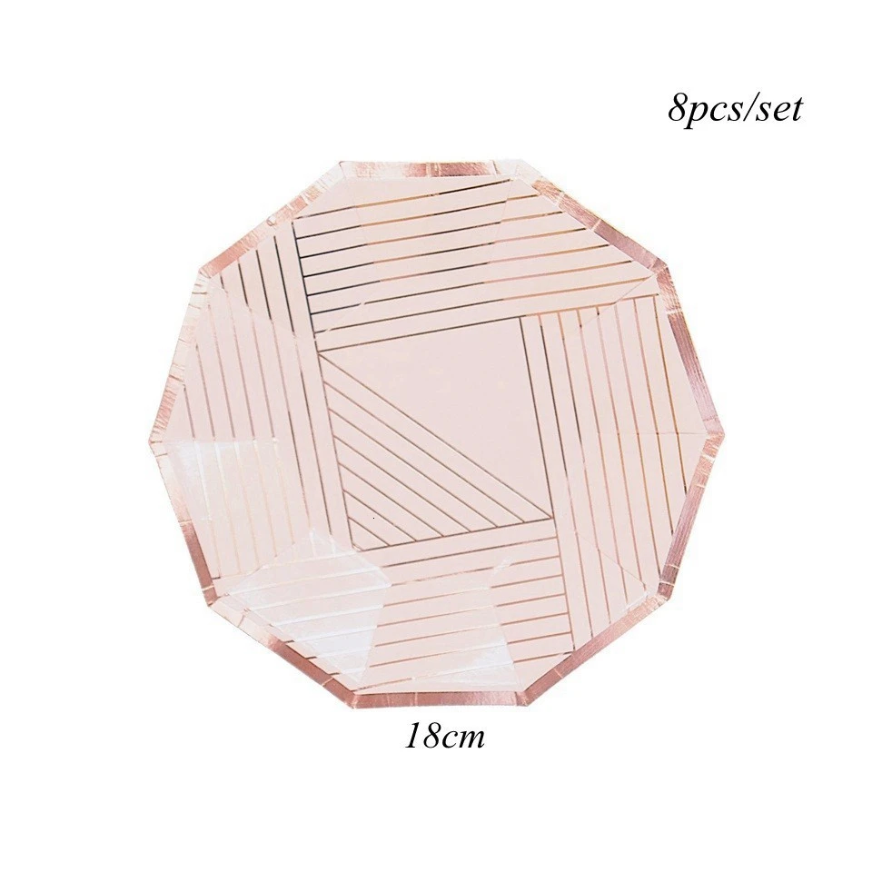8pcs pink plates 1 Набор, синяя серия, полосатая одноразовая посуда, сделай сам, позолоченные бумажные тарелки, посуда для свадебного стола, Декор, принадлежности для дня рождения - Цвет: 8pcs pink plates