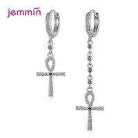 top sale asymmetry zircon long tassel cross earrings women jewelry 925 silver round circle hoop earring lady anniversary gift