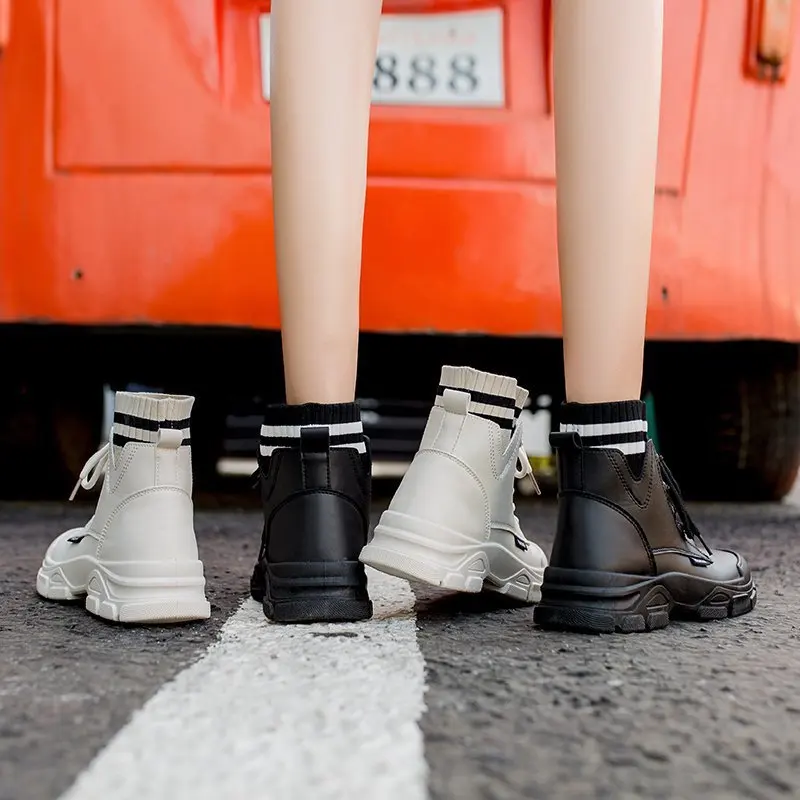 

Patchwork Knit Fashion Platform Ankle Boots for Women High Quality Pu Leather Chunky Boots Woman Lace Up Casual Shoes