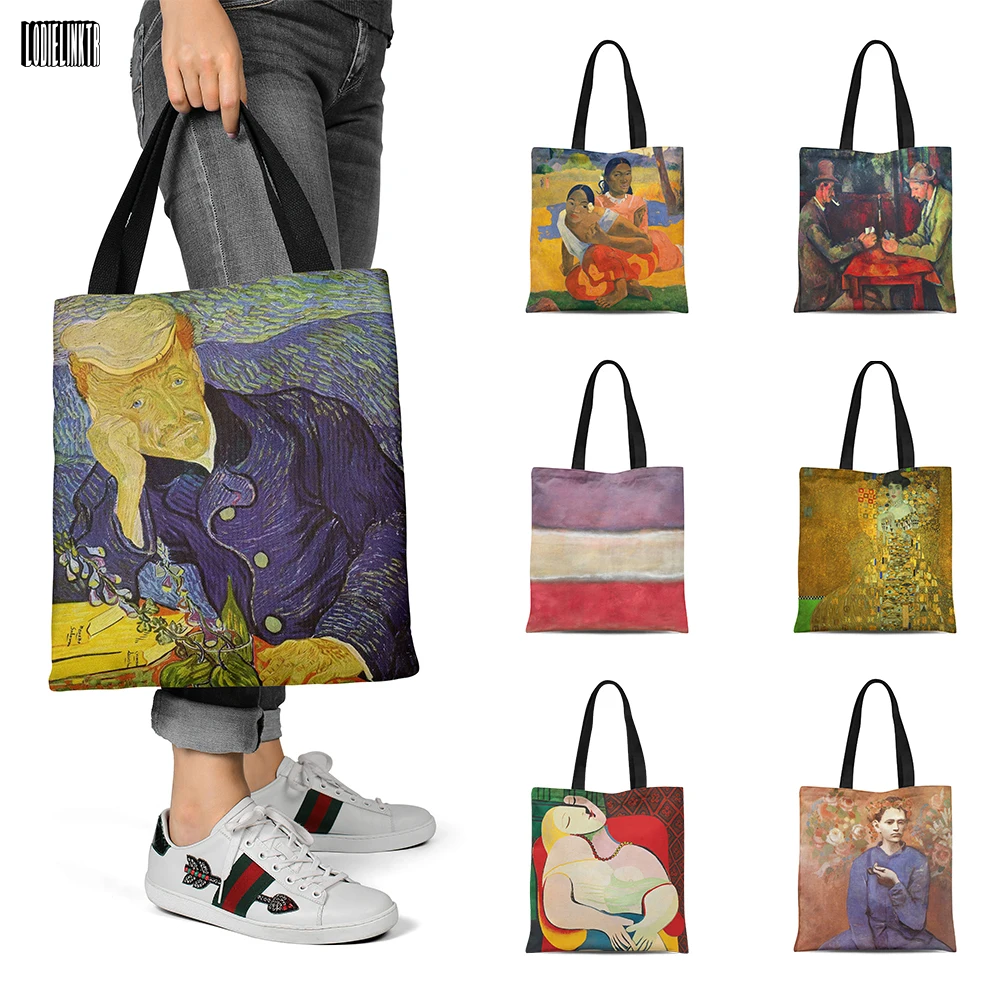 

New Style World Valuable Painting Canvas Tote Bag Picasso Van Gogh Retro Art Large Capacity Eco-friendly Shopper Bag With Zipper