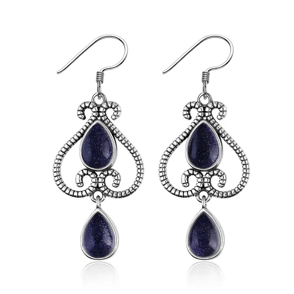 

S925 Sterling Silver Earrings Fashion Ethnic Pear Shape 6X9MM Blue Sandstone Earrings Wedding Party Wholesale Jewelry