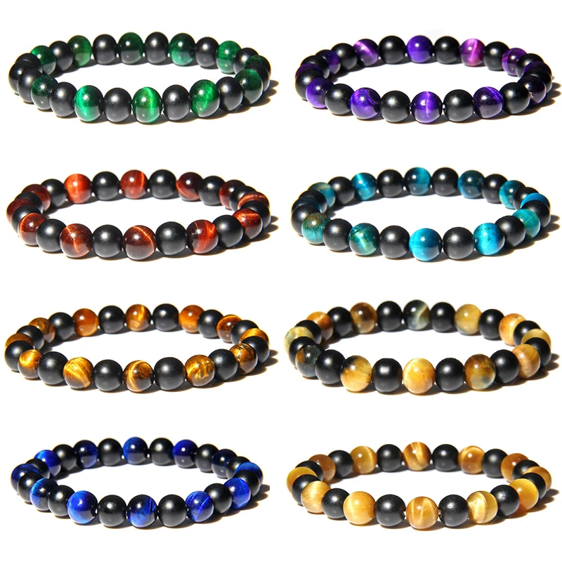 Женский браслет с бусинами из натурального фиолетового тигрового глаза черный