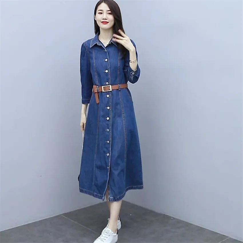 

Spring Autumn Jeans Dress Women Turn Down Collar Button Long Denim Shirt Dress Korean Style Fashion Midi-calf Dresses With Belt