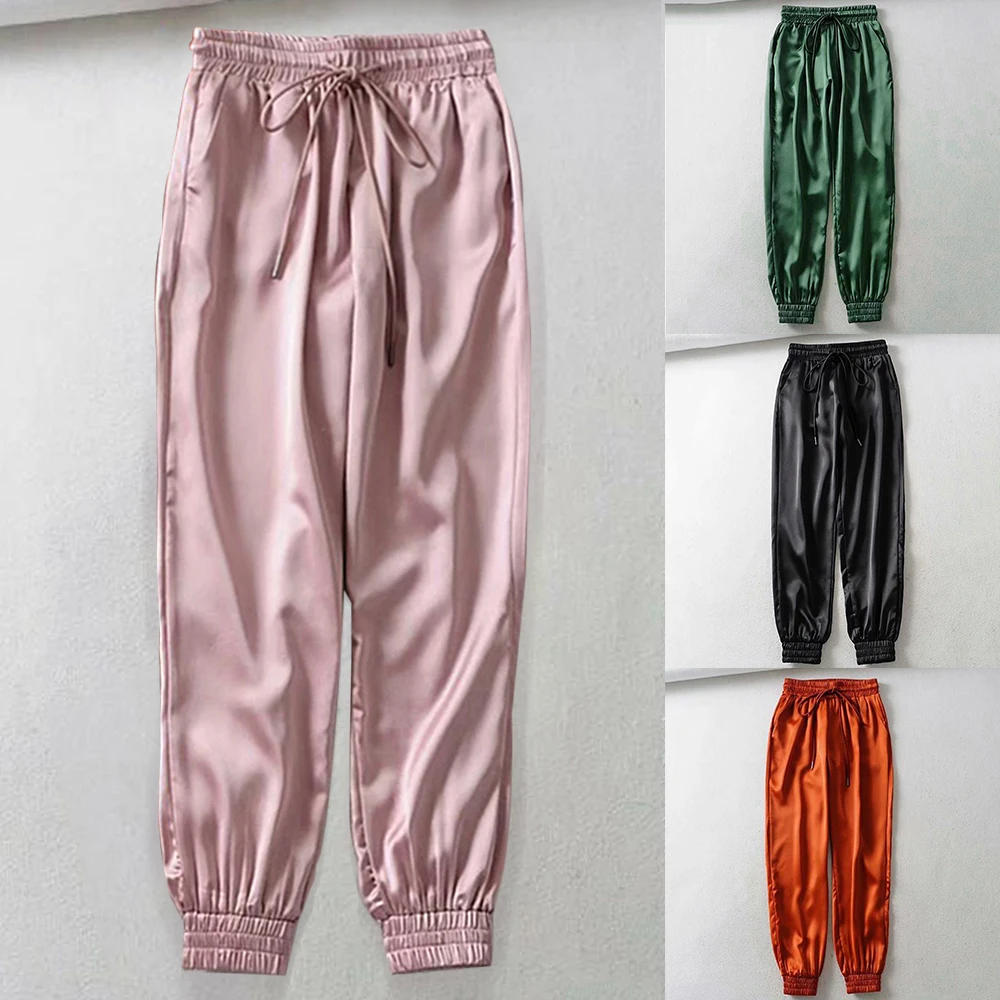 

Littlerossa Summer Satin Cargo Pants Women Europe Loose Casual Sport Women Joggers Streetwear Cargo Pants Women