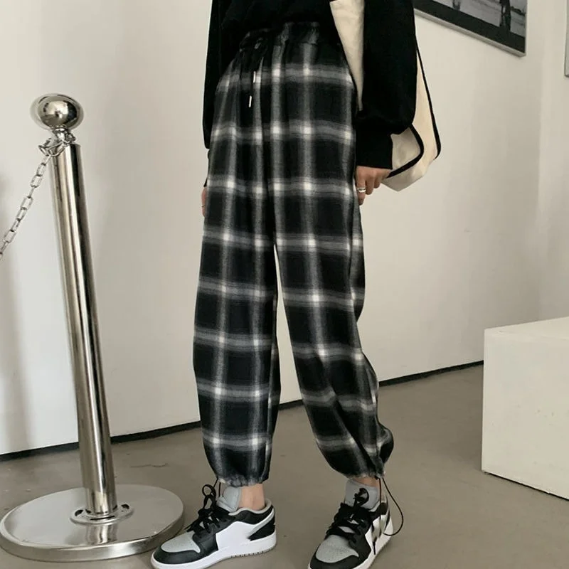 

Fashion Vintage Plaid Patchwork Pants Harajuku Woman Man Trousers Elastics High Waist Pants Korean Causal Straight Pants