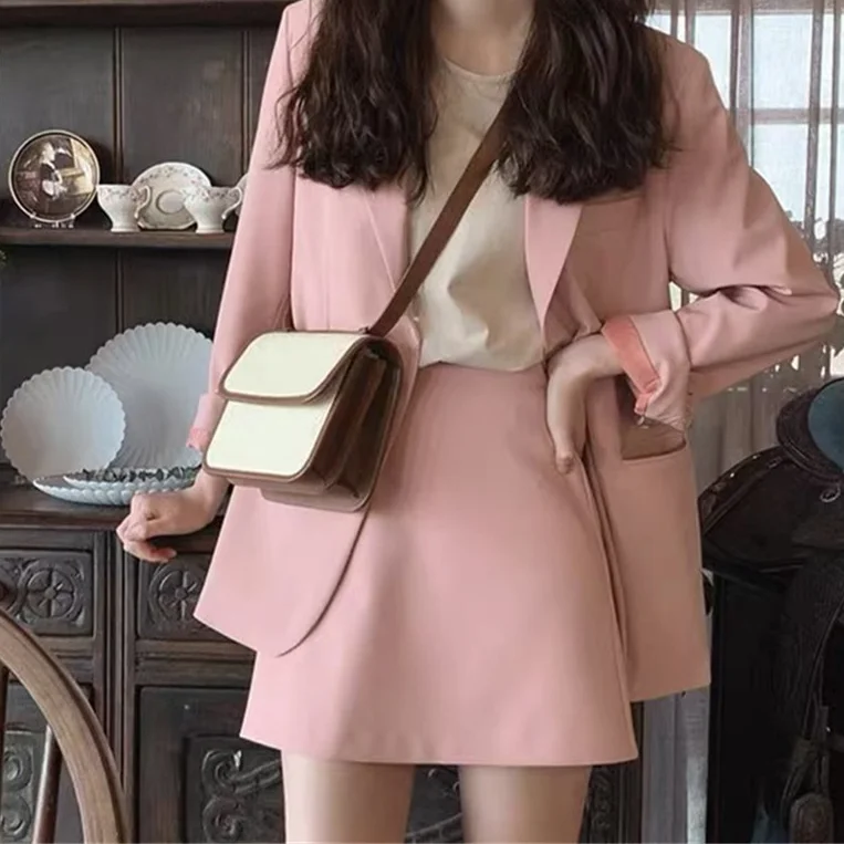 

Women 2021 Fall Solid Two Piece Suit Sets Long Sleeve Blazer + High Waist Mini Skirt Suits Korean Office Workwear Fashion Sets