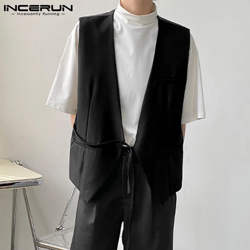 

Модный мужской жилет INCERUN с V-образным вырезом, однотонный, без рукавов, на шнуровке, уличная одежда, Свободные повседневные безрукавки, 2021 то...