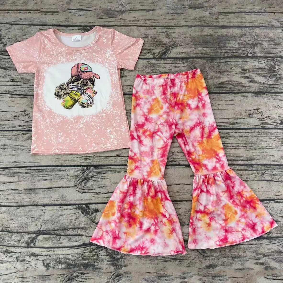 Spring/Fall Baby Girl Wholesale Clothing Sloth Pattern Pink Shirt Tie Dye Bell-Bottom Milk Silk Pants