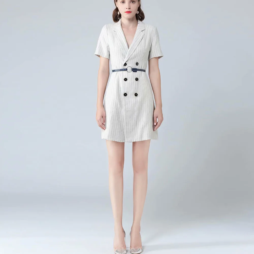 

High Quality Long Blazer Dress 2020 Spring Summer Women Notched Collar Striped Print Double Breasted Short Sleeve Work Dress OL