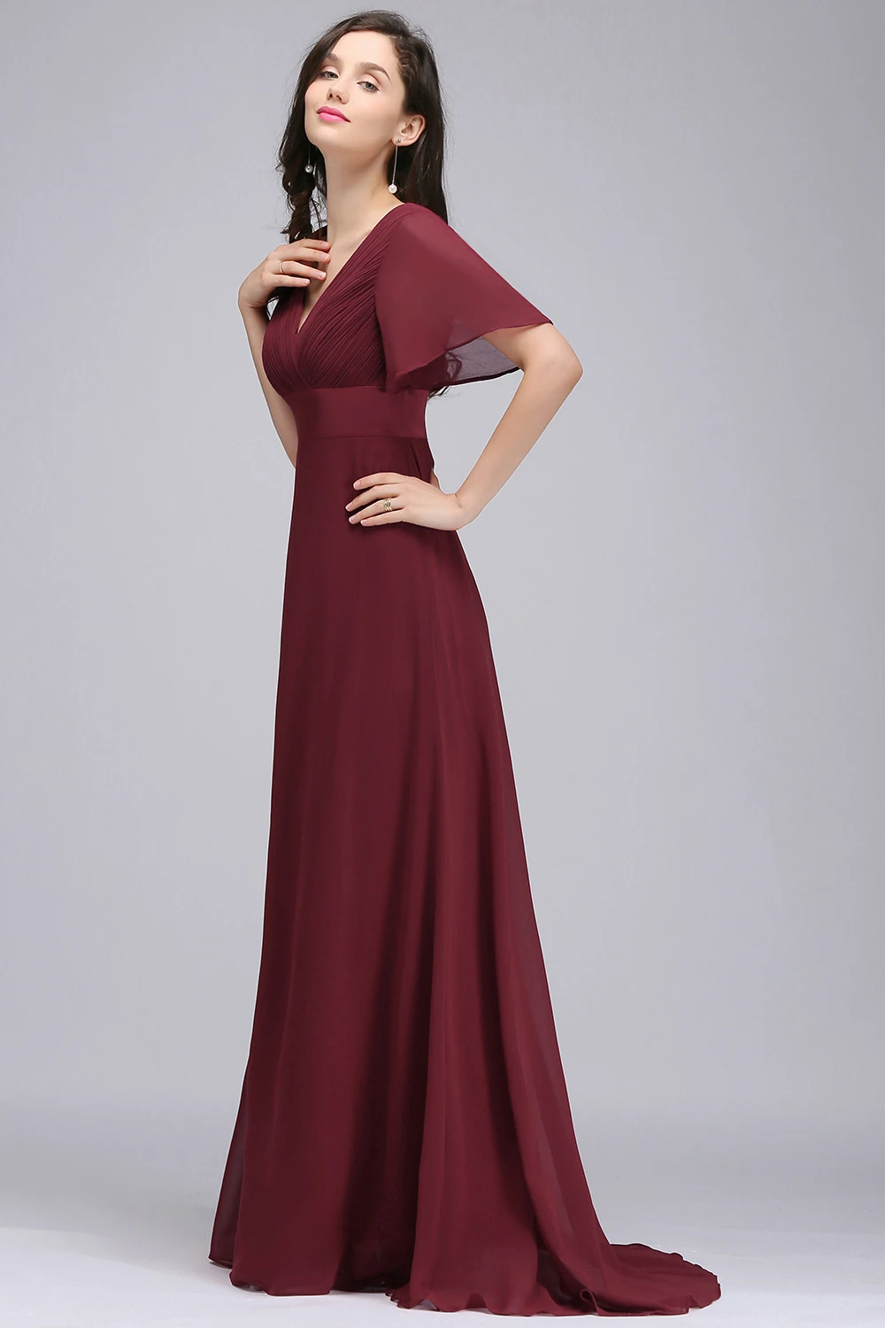 

Plus Size Ruffle Sleeves Long Evening Dress V Neck Backless Women Party Dress Burgundy Chiffon A Line Formal Dress vestido novia