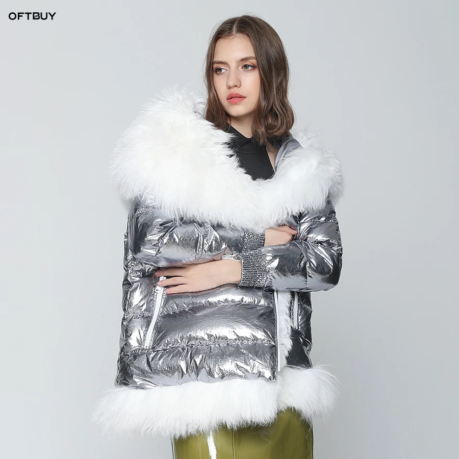 Женская парка на пуху овчины OFTBUY серебристая длинная теплая куртка утином с