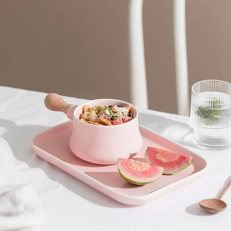 

Nordic Ceramic Tableware Set Simple Deisgn Wooden Handle Bowl and Tray Set Simple Design Creative Single Person Breakfast Set