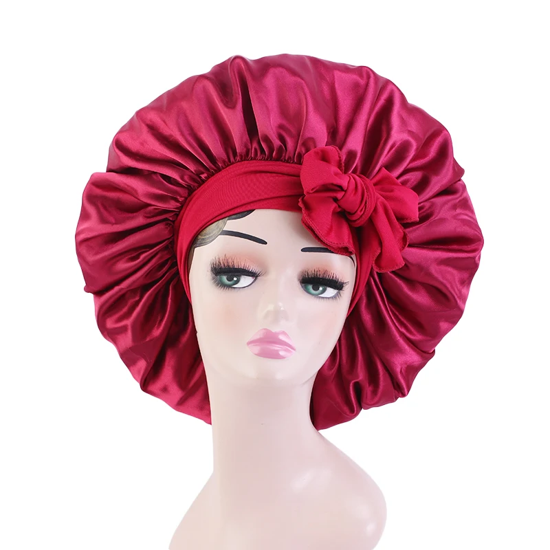 

Solid Satin Bonnet With Wide Stretch Ties Long Hair Care Women Night Sleep Hat Adjust Hair Styling Cap Silk Head Wrap Shower Cap