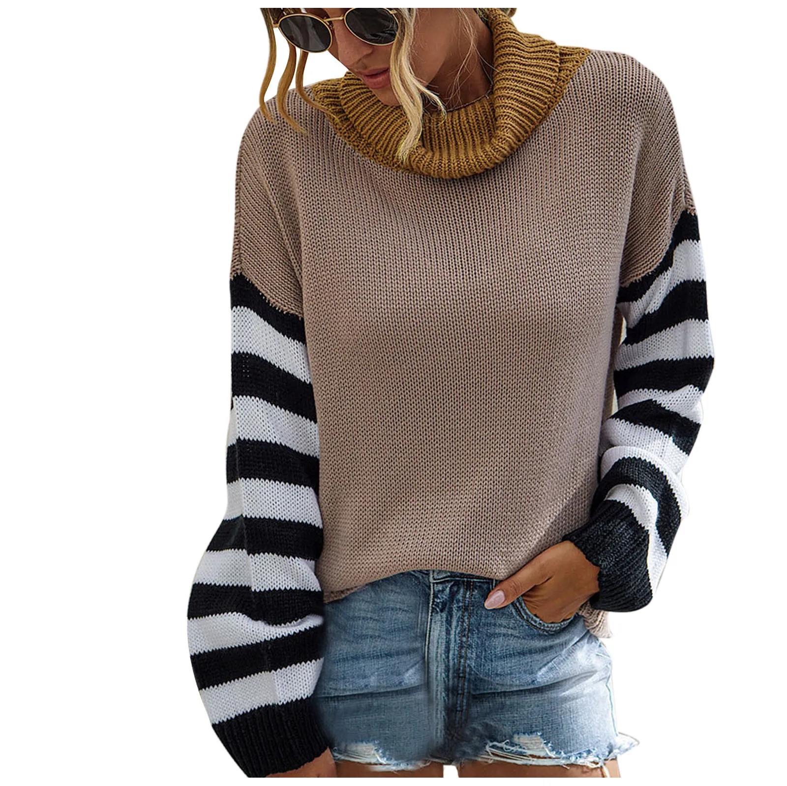 

Women 2020 Stripes Buttons High-necked Long Sleeves Tops Pullover Sweater Fashion Atmosphere Round Neck Simple Short