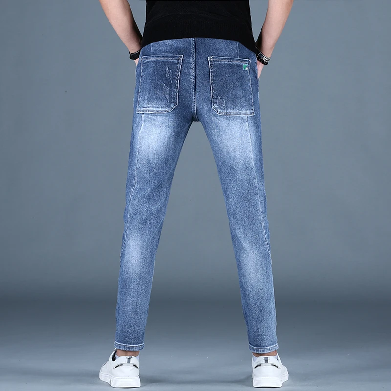 Mens Fashion Spliced Blue Jeans Men Summer Casual Embroidery Slim Fit Pencil Pants