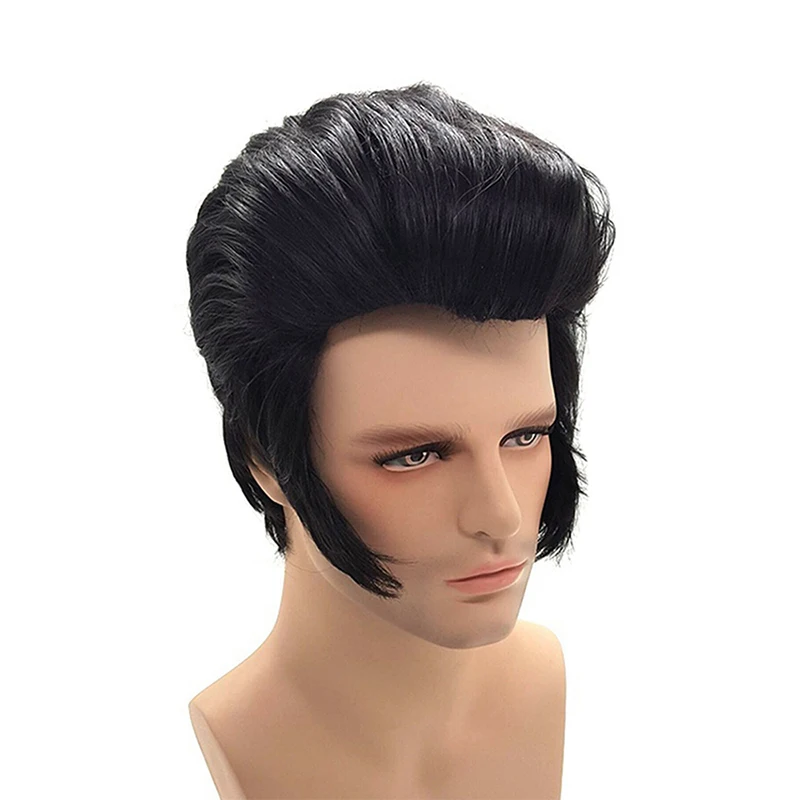 Mens Rock Singers Elvis Aron Presley Cosplay Wig Party Elvis Presley Black Synthetic Party Hair Wig + Wig Cap