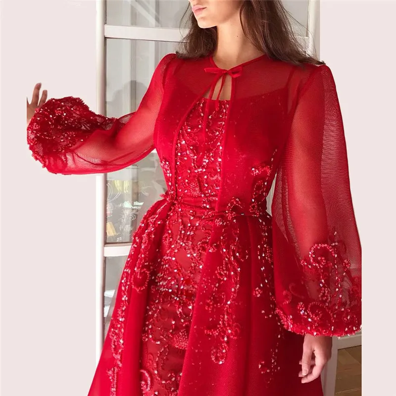

Red Evening Dresses A-line Long Sleeves Tulle Appliques Beaded Dubai Saudi Arabia Long Prom Dress Gown Robe De Soiree
