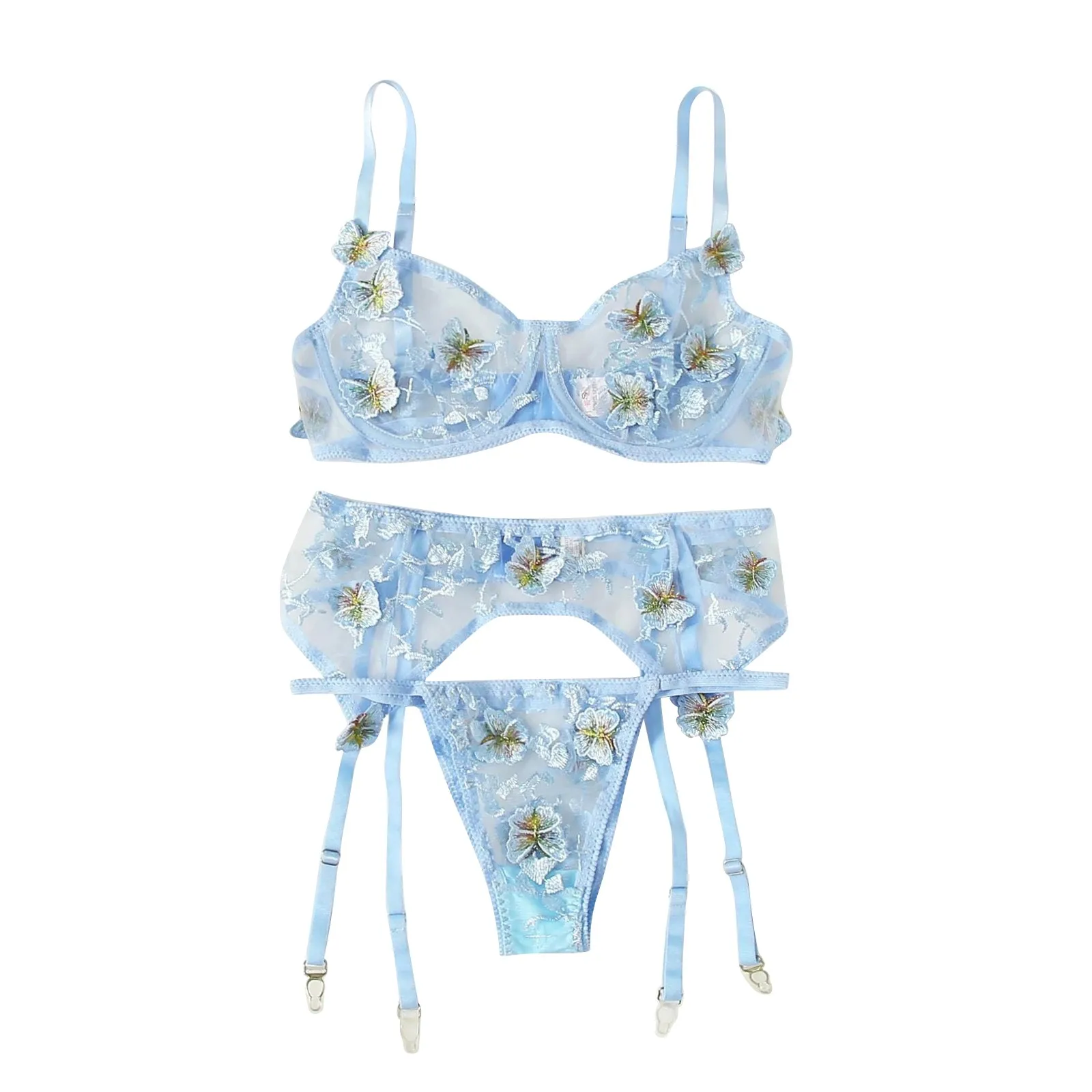 

Female Sexy Brief Sets Butterfly Embroidery Sexy Lingerie Fashion Garters Women's Underwear Transparent Erotic G-strings Thongs