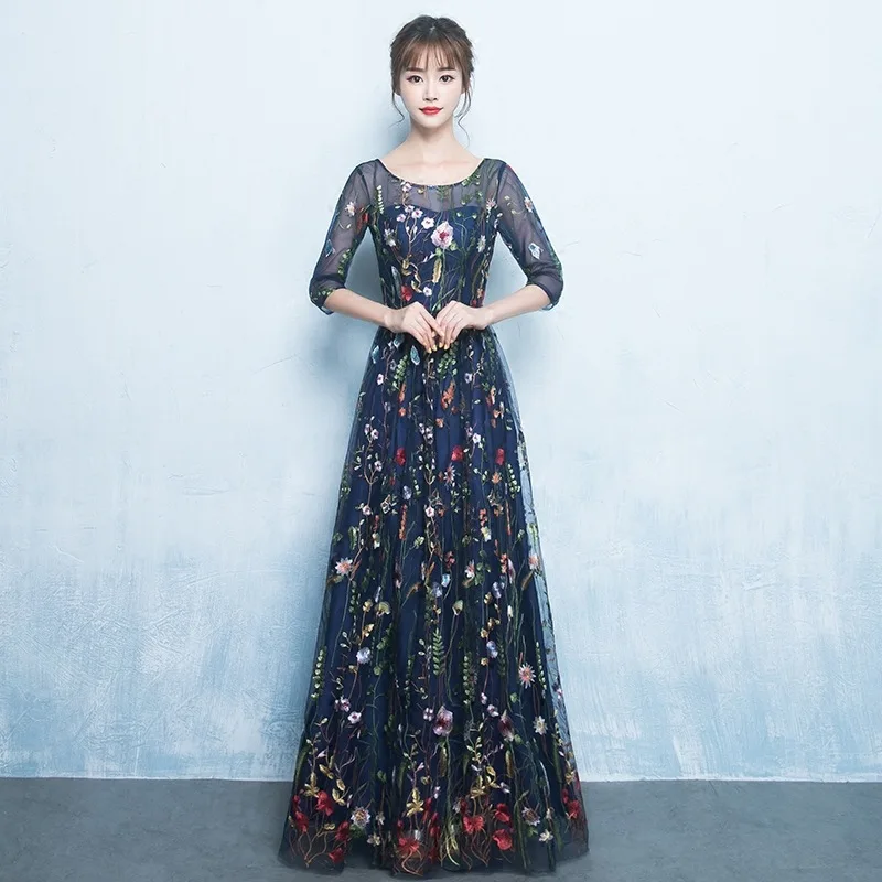 

Black Floral Elegant Zipper Long Party Formal Dress Floor Length Long Sleeves Evening Dresses