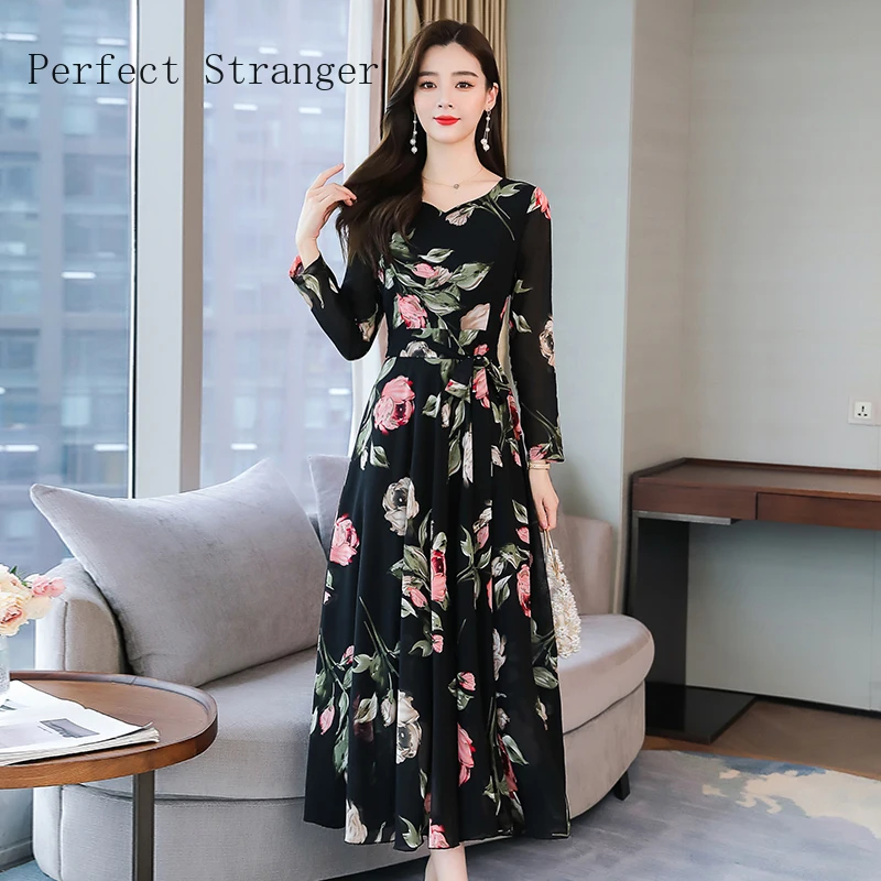 

2020 Autumn New Arrival High Quality Elegant V Collar Long Sleeve Flower Printed Women Chiffon Long Dress Plus Size M-3XL