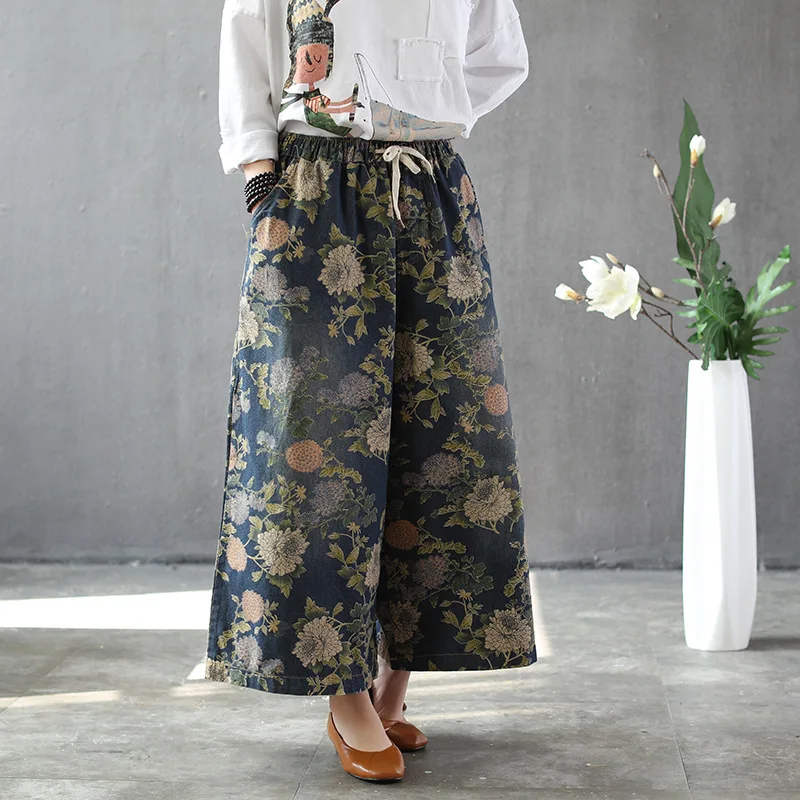 

Women's Elastic Waist Large Wide Leg Pants 2021 Spring Summer Retro Wash Printed Denim Jeans Women Clothing Outwear Yalabovso