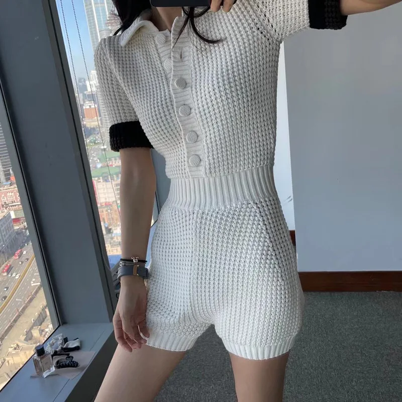 

French Knitted Hollow Doll Collar Casual Jumpsuit