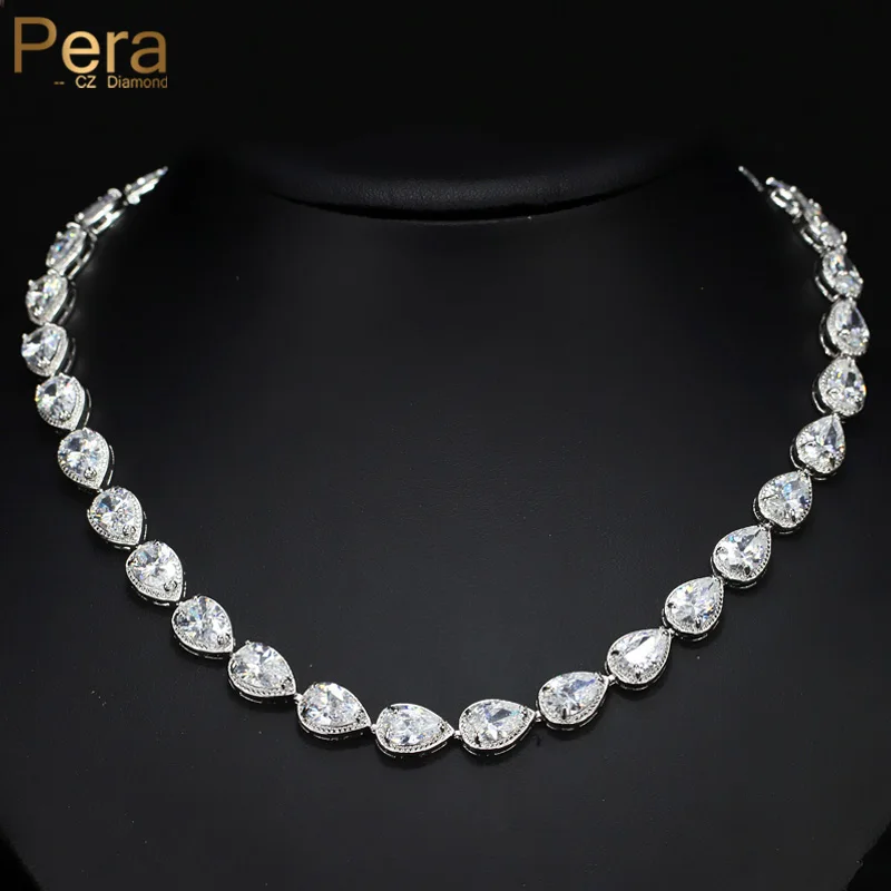 

Pera Shimmer Clear White Cubic Zirconia Water Drop Link Round Chocker Necklace Anniversary Party Jewelry Gift for Women P030