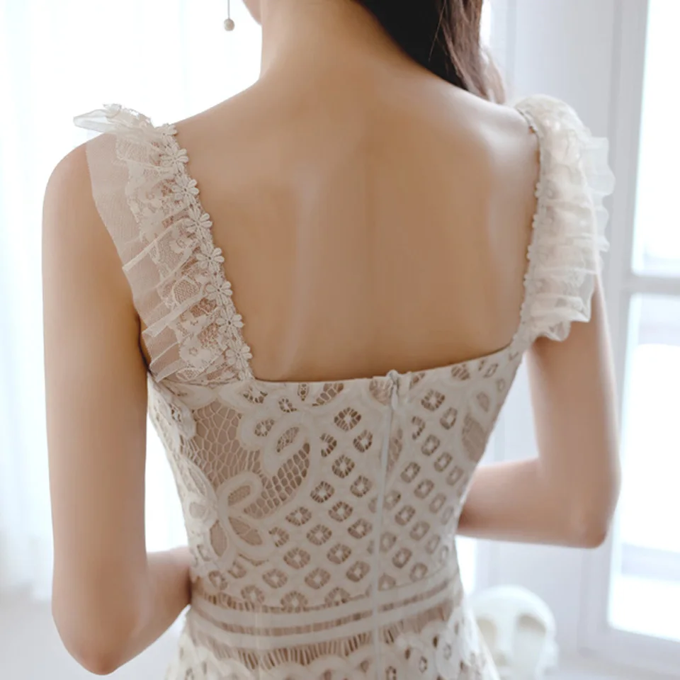 

High Waist Tight Dress 2021 Summer White Sexy Club Lace Dress Sleeveless Suspenders Decorated With Ruffles Elegant Party Dress