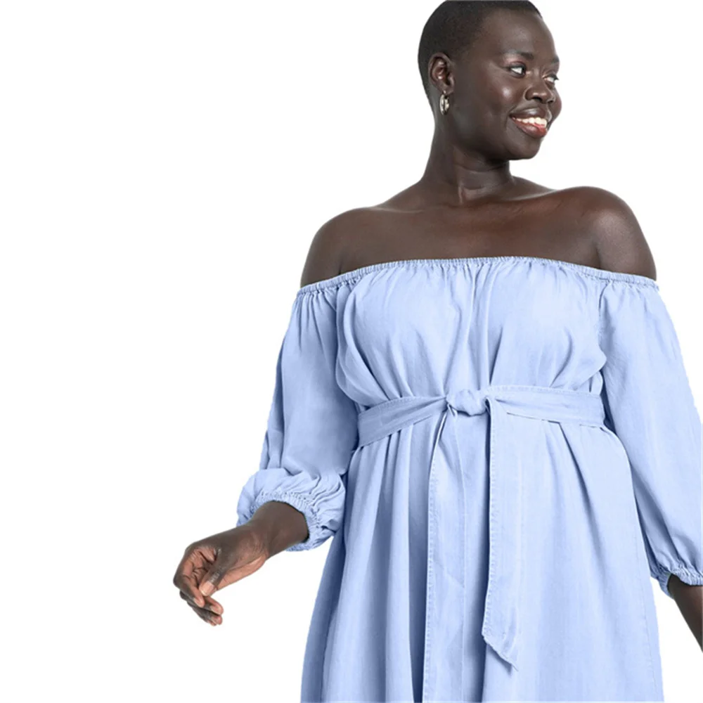 

RStylish 2021 Fall Fashion Women Solid Color Off Shoulder Long Sleeve Sashes High Waist Loose Fit Casual Mini Dress