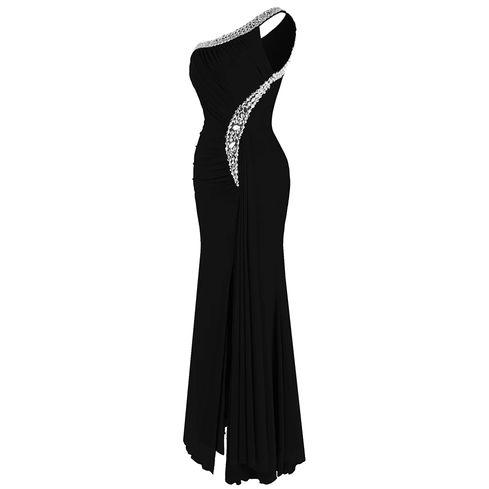 Женское дл.веч.платье, с бисером, Angel-Fashions, синее длинное вечернее платье с одним открытым плечом и разрезами, расшитое бисером, модель 075 411