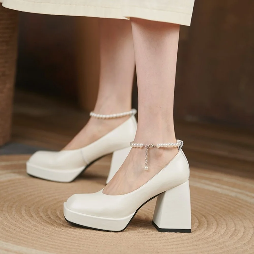 

Womens Round Toe Block Chunky High Heel Pearls Pumps Genuine Leather Retro Gothic Shoes Black White Sliver New