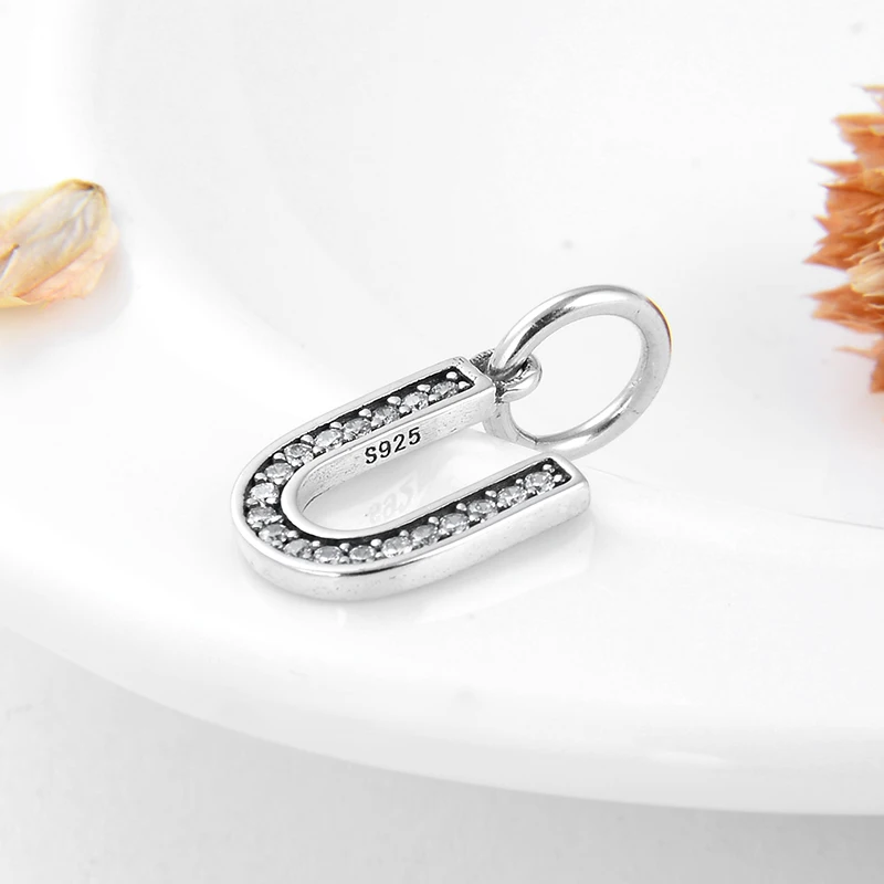 Подлинная серебряная буква 925 пробы U Хрустальная подвеска из бисера подходит к