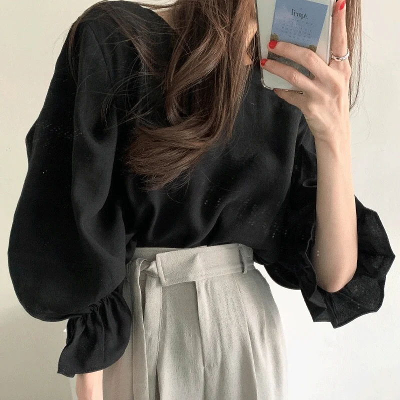 

ZANZEA Fashion Women Autumn Ruffles Tops Elegant O Neck Long Sleeve Blouse 2022 Femininas Party Tunic Tops Solid Loose Blusas