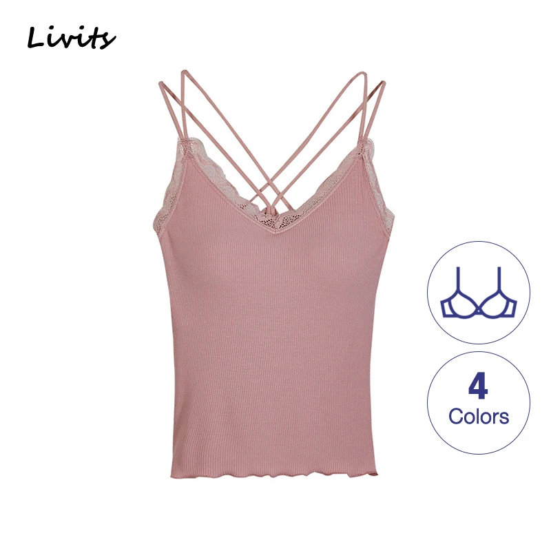 Женские майки со встроенным бюстгальтером эластичные хлопковые без рукавов с v