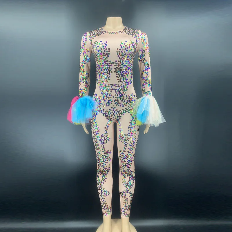 New Multi-color Sequins Jumpsuit Long Sleeve Women Stage Performance Show Dance Costume Birthday Prom Rave Festival Clothing