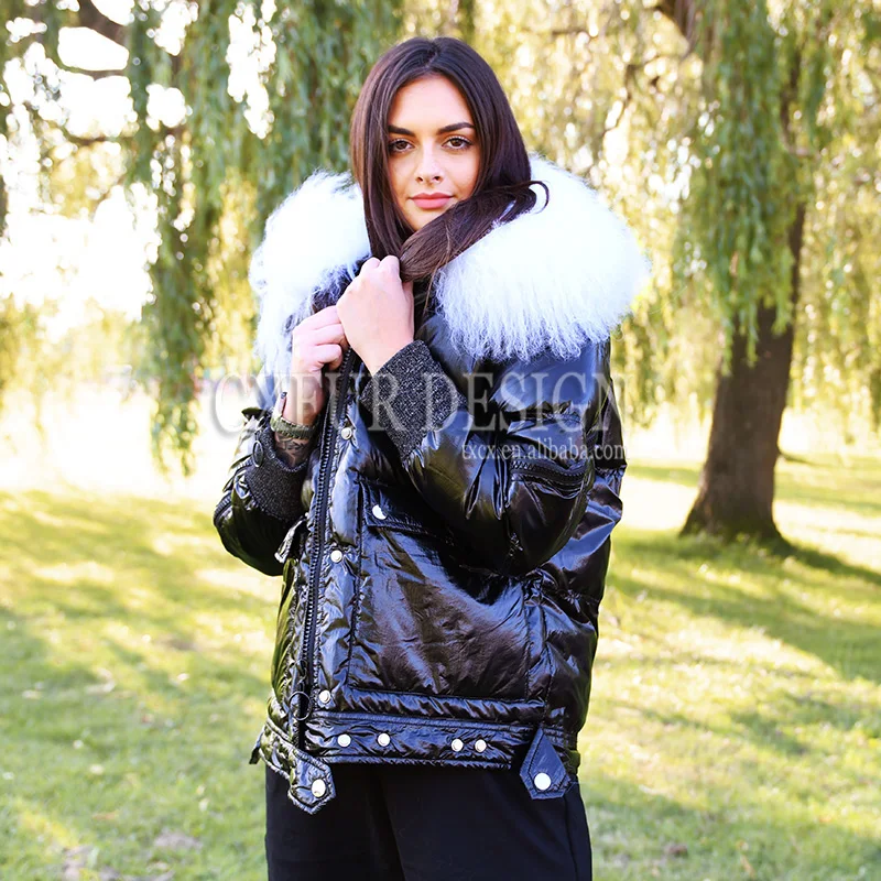 CX-G-D-17B Women Winter Warm Real Mongolian Lamb Fur Collar 100% Duck Down Coat | Женская одежда