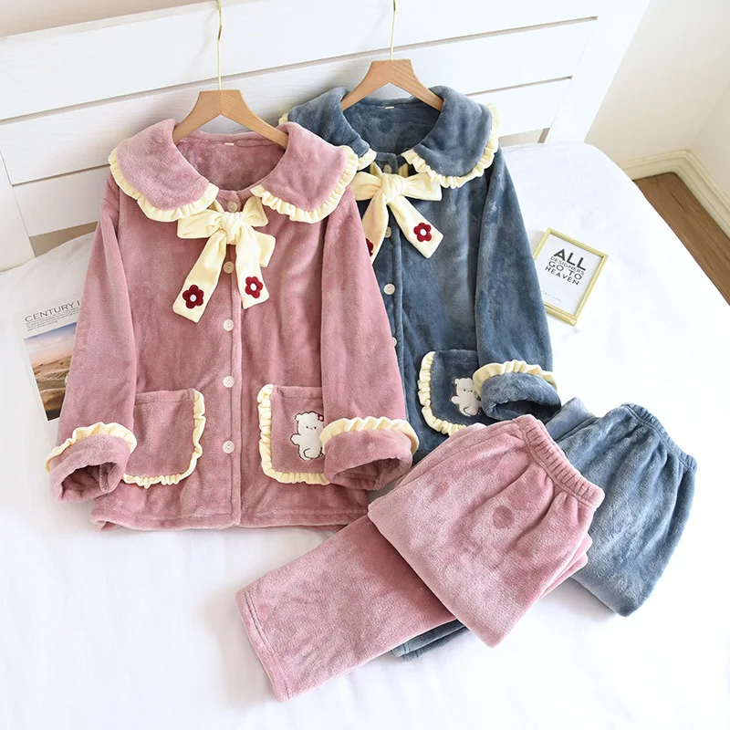 

Женский пижамный комплект, зимние теплые фланелевые утепленные бархатные брюки с бантом, костюмы из двух предметов, одежда для сна, домашня...