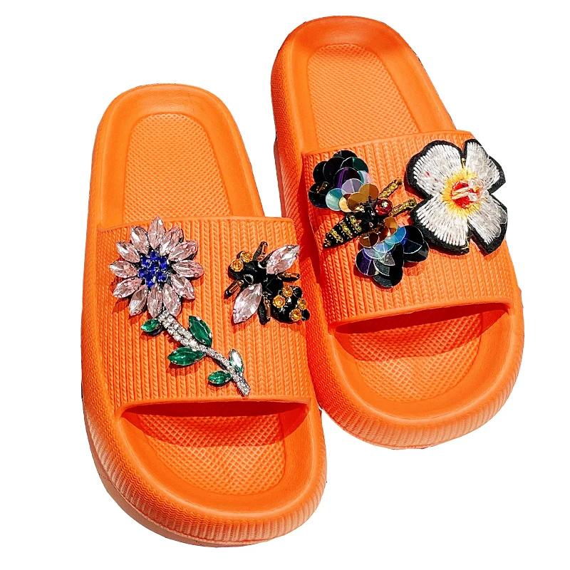 

Flower House Slippers Platform Low Glitter Slides Candy Colors Flat Shoes Female Rubber Jelly PU Fabric Floral Basic Crystal