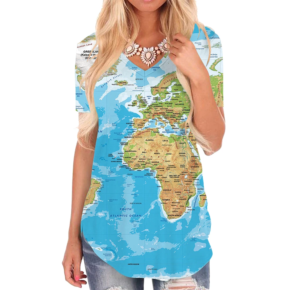

KYKU world map T Shirt Women Earth V-neck Tshirt novel T-shirts 3d Womens Clothing Fashion Cool Style High Quality