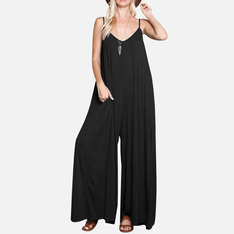

Sexy Wide Leg Sleeveless Romper Jumpsuit For Women V-Neck Sling Backless Summer Loose Female Jumpsuits 2021 Causal Lady Rompers
