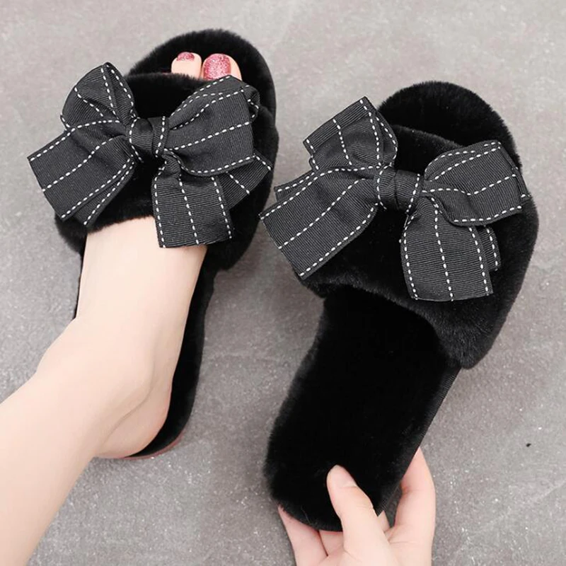 Plush flip flops sweet lace bow slides women designer winter Cotton slippers warm and cozy home with shoes woman s647 | Обувь