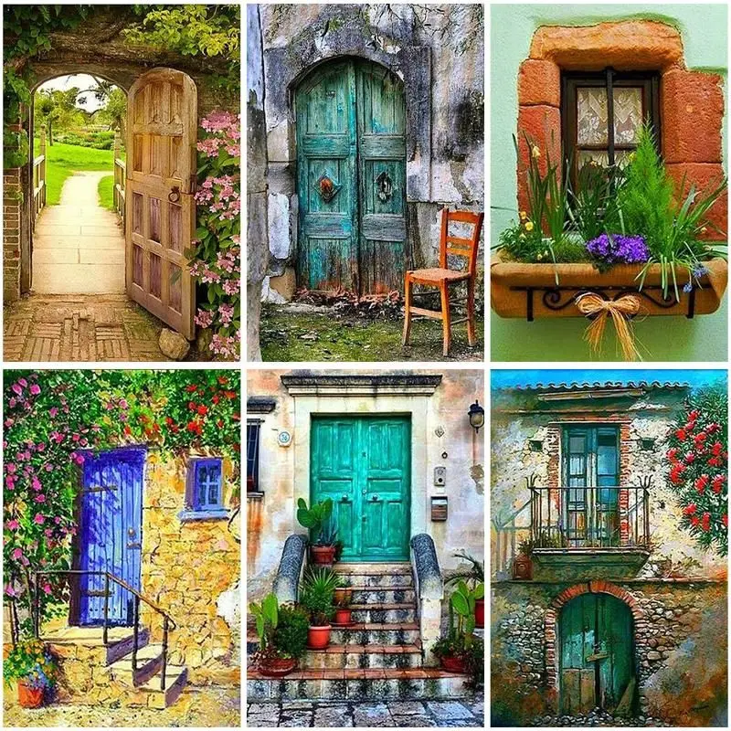 

GATYZTORY Oil Painting By Number Flower Door Landscape Drawing On Canvas Gift DIY Pictures By Numbers Kits Handpainted Paintings