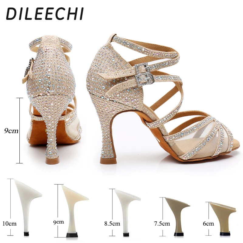 Туфли DILEECHI женские для латинских танцев мягкая обувь золотые блестящие стразы в
