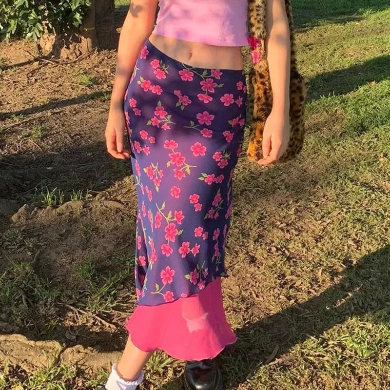 

Women Summer Boho Beach Skirts One Piece Mesh Floral Print Patchwork Slim Bodycon Midi Skirt High Waist Bottoms Casual Vocation