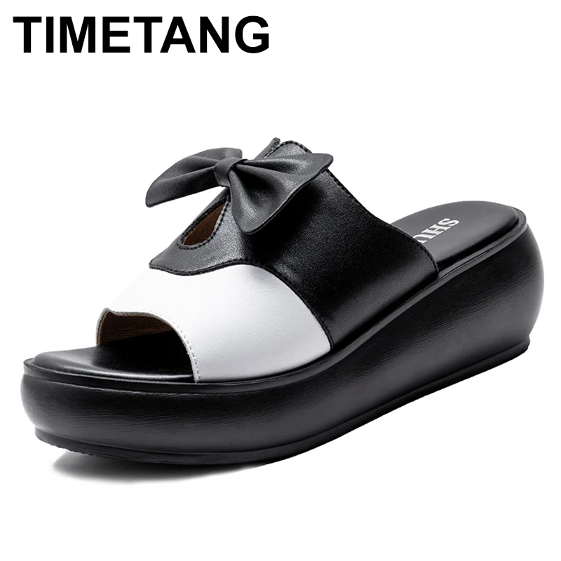 

TIMETANG sandals women genuine leather wedges heels slippers woman platform summer shoes butterfly-knot woman thongs