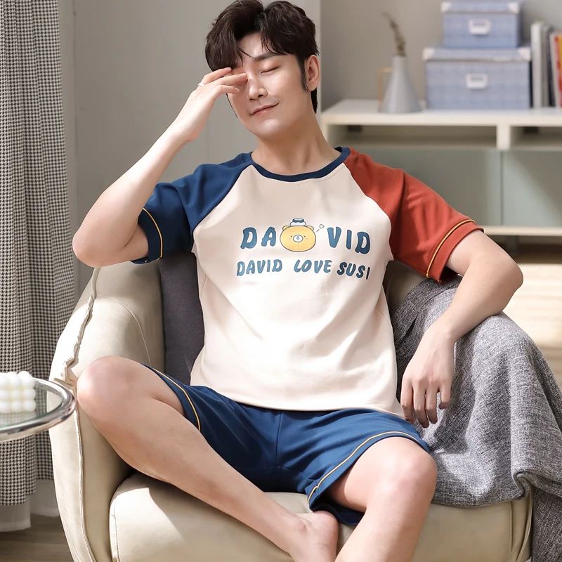NANJIREN Mens Pajamas Set New Summer Home Casual Short Sleeves O-NECK Shirt Shorts Pajamas Set for Men Cartoon Sleepwear Set