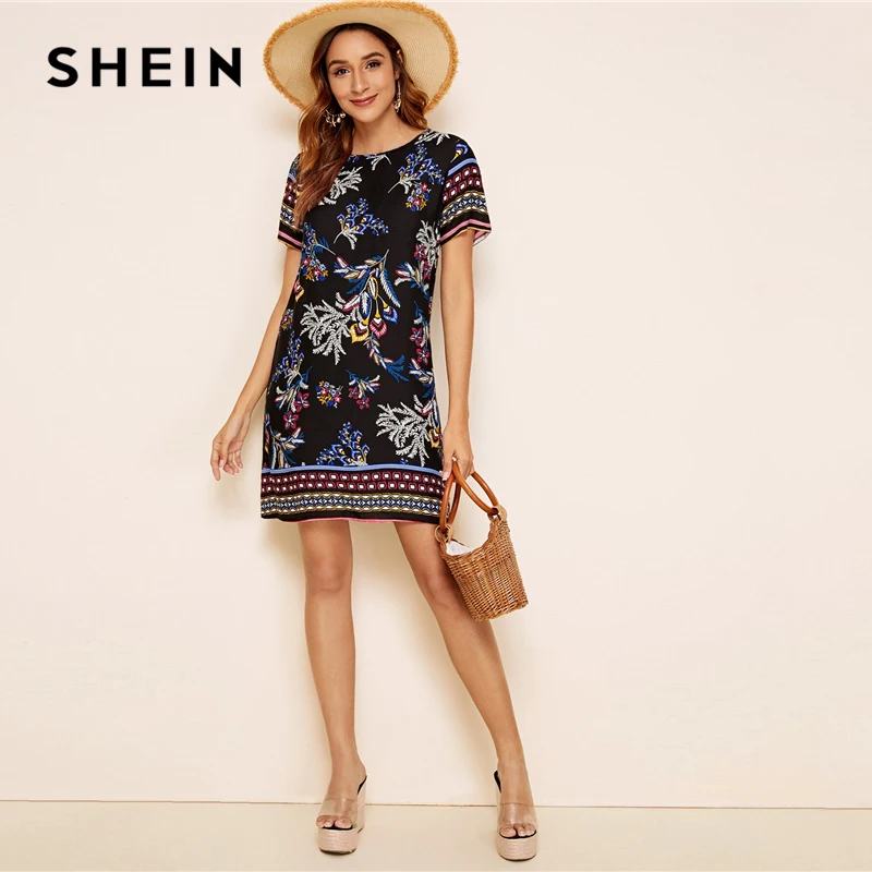 SHEIN летнее женское платье-туника с разноцветным принтом и замочной скважиной на спине,, короткий рукав, круглый вырез, бохо платье, прямое свободное мини-платье
