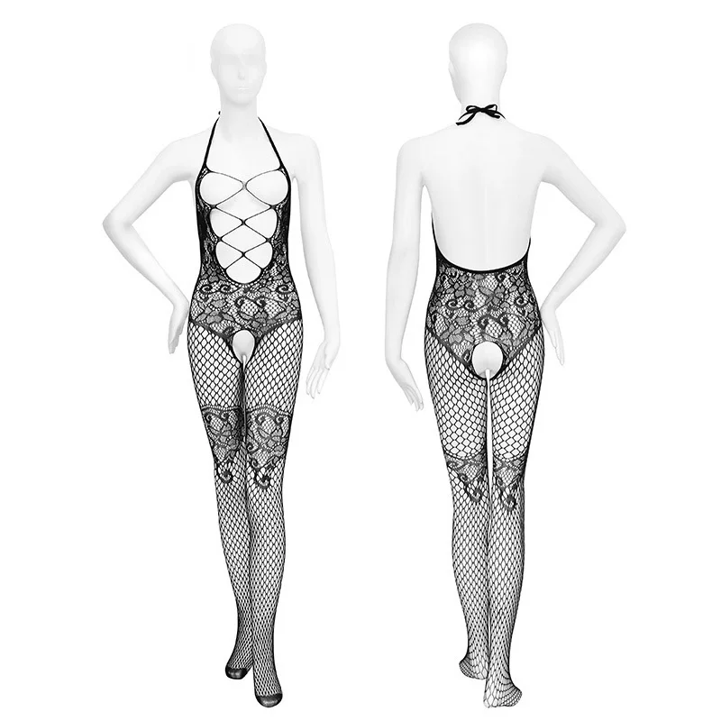 

2021 New Women Sexy Lingerie Open Crotch Hollow Stockings Halter Fishnet Tights Transparent Pantyhose Deep V Body Stocking