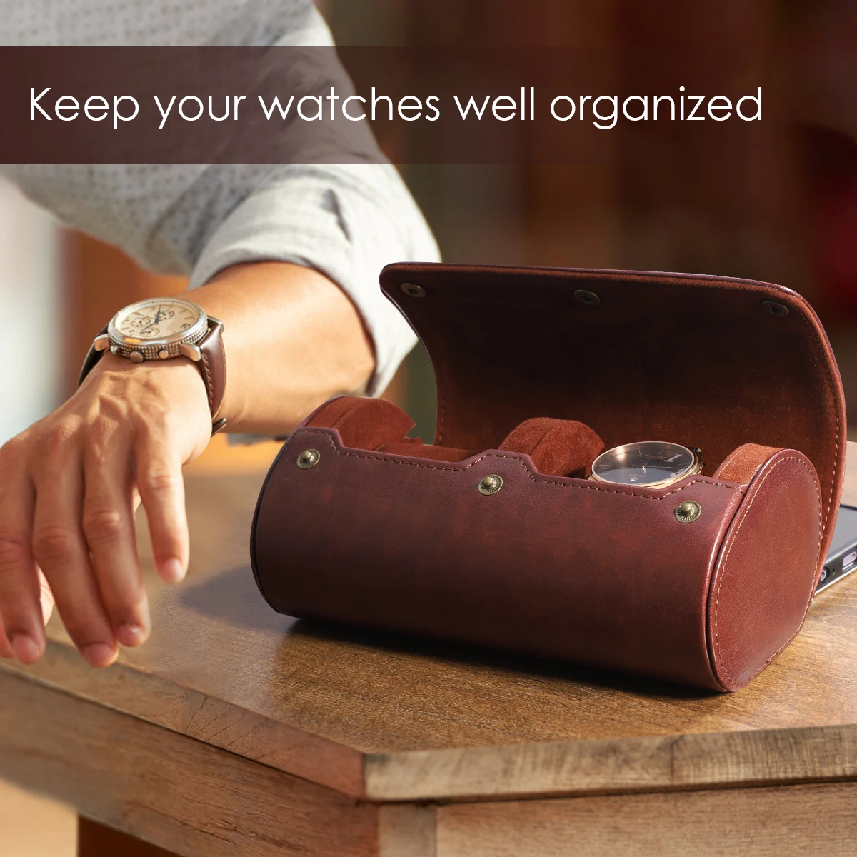 

NICERIO Travel Watch Case PU Leather Watch Box 2 Slots Watch Storage Organizer Bracket Holder for Travel Business Trip